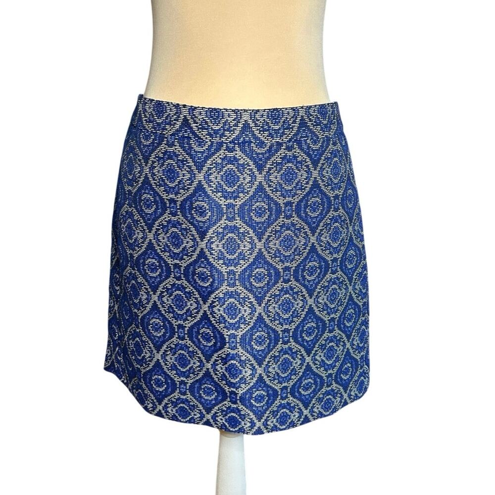 J. Crew Royal Blue Jacquard Mini Skirt - 60s Mod Geometric Print Preppy Sz 10